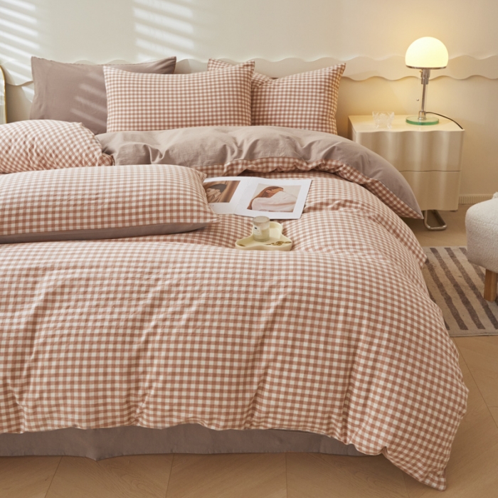 91家纺网 家纺一手货源 找家纺 吉象 2023新款全棉色织水洗棉四件套 咖小格