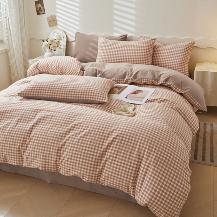 91家纺网 家纺一手货源 找家纺 吉象 2023新款全棉色织水洗棉四件套 咖小格