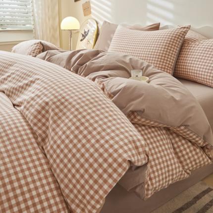 吉象 2023新款全棉色织水洗棉四件套 咖小格