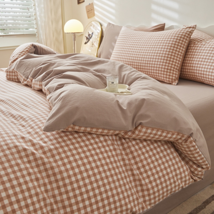 91家纺网 家纺一手货源 找家纺 吉象 2023新款全棉色织水洗棉四件套 咖小格