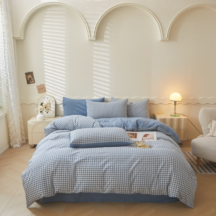 91家纺网 家纺一手货源 找家纺 吉象 2023新款全棉色织水洗棉四件套 蓝小格