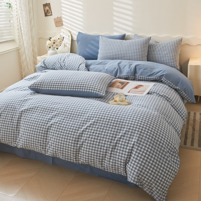 91家纺网 家纺一手货源 找家纺 吉象 2023新款全棉色织水洗棉四件套 蓝小格