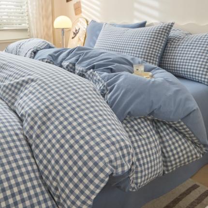 吉象 2023新款全棉色织水洗棉四件套 蓝小格