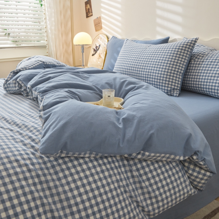 91家纺网 家纺一手货源 找家纺 吉象 2023新款全棉色织水洗棉四件套 蓝小格