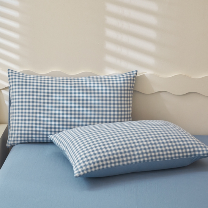 91家纺网 家纺一手货源 找家纺 吉象 2023新款全棉色织水洗棉四件套 蓝小格