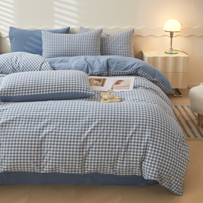 91家纺网 家纺一手货源 找家纺 吉象 2023新款全棉色织水洗棉四件套 蓝小格