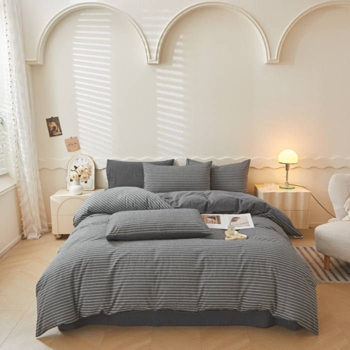 91家纺网 家纺一手货源 找家纺 吉象 2023新款全棉色织水洗棉四件套 拿铁