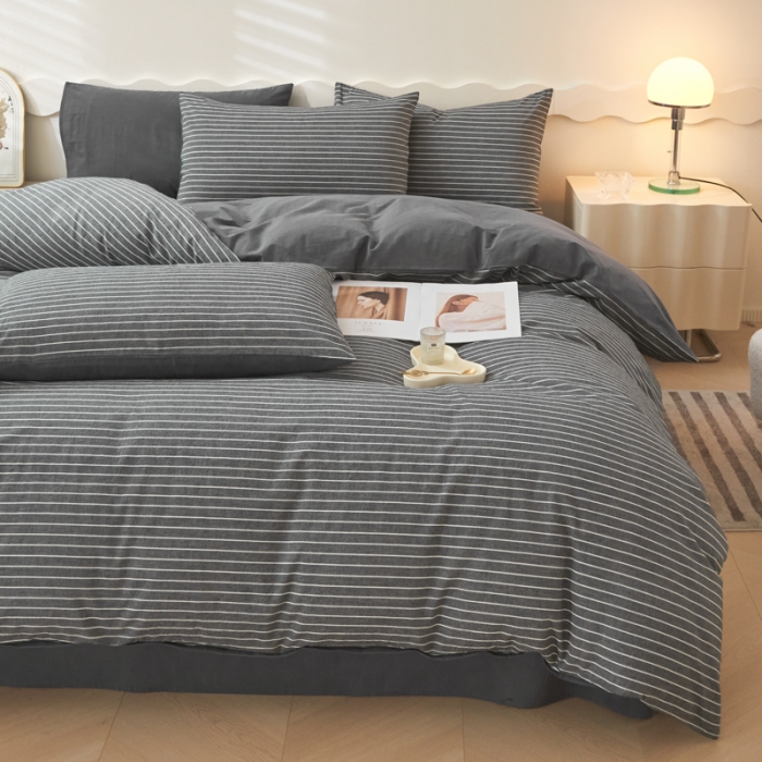 91家纺网 家纺一手货源 找家纺 吉象 2023新款全棉色织水洗棉四件套 拿铁