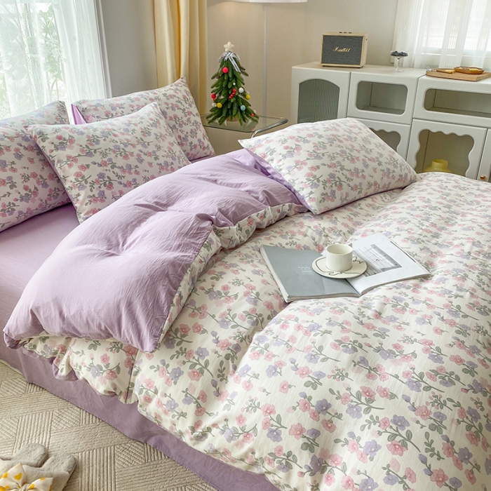 91家纺网 家纺一手货源 找家纺 赫然 2026新款水洗双层纱四件套 花开富贵