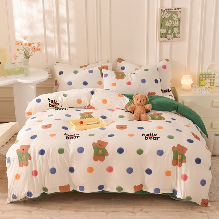 91家纺网 家纺一手货源 找家纺 甜之梦 2025新款针织棉印花四件套 波点熊