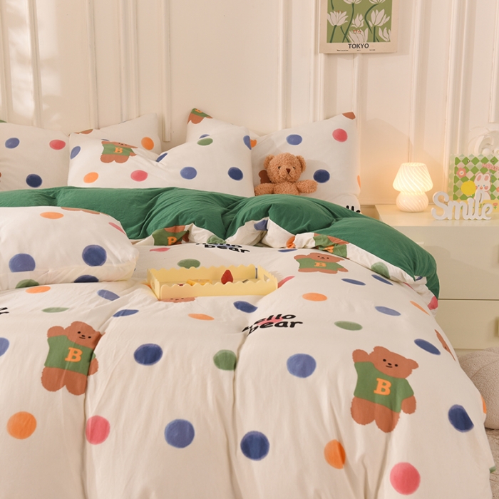 91家纺网 家纺一手货源 找家纺 甜之梦 2025新款针织棉印花四件套 波点熊