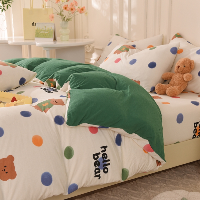 91家纺网 家纺一手货源 找家纺 甜之梦 2025新款针织棉印花四件套 波点熊