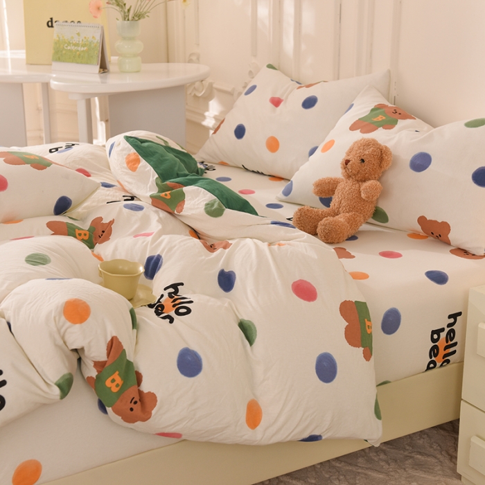 91家纺网 家纺一手货源 找家纺 甜之梦 2025新款针织棉印花四件套 波点熊