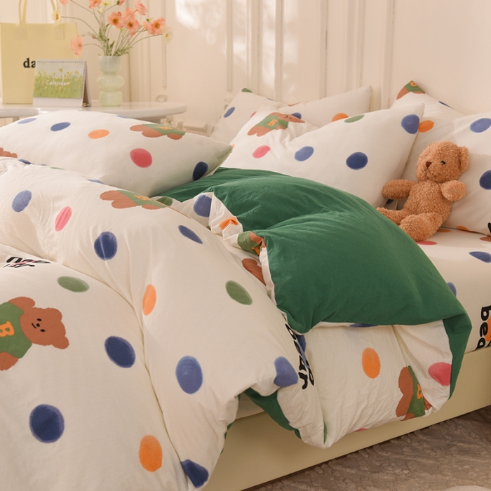 91家纺网 家纺一手货源 找家纺 甜之梦 2025新款针织棉印花四件套 波点熊