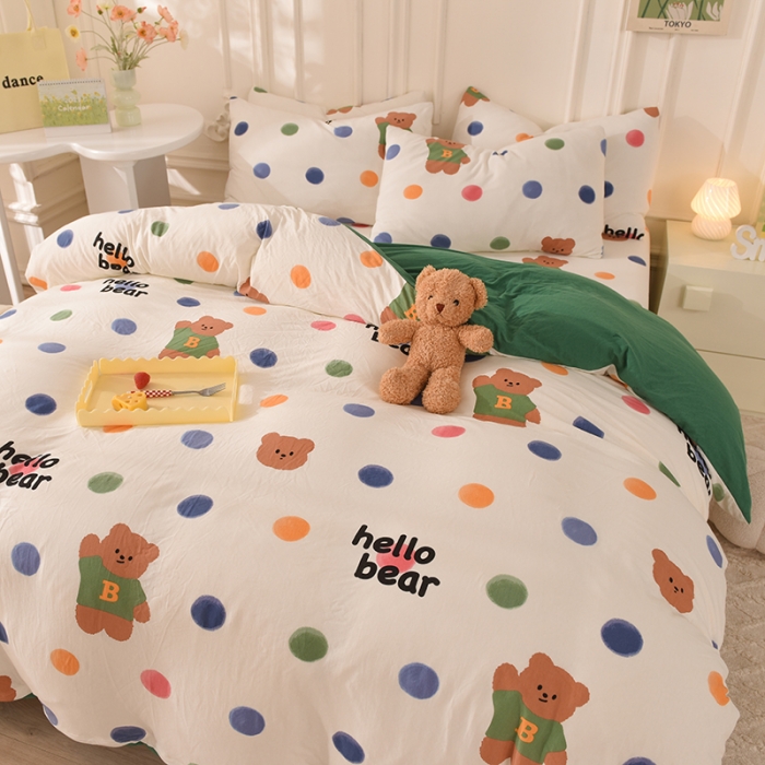 91家纺网 家纺一手货源 找家纺 甜之梦 2025新款针织棉印花四件套 波点熊