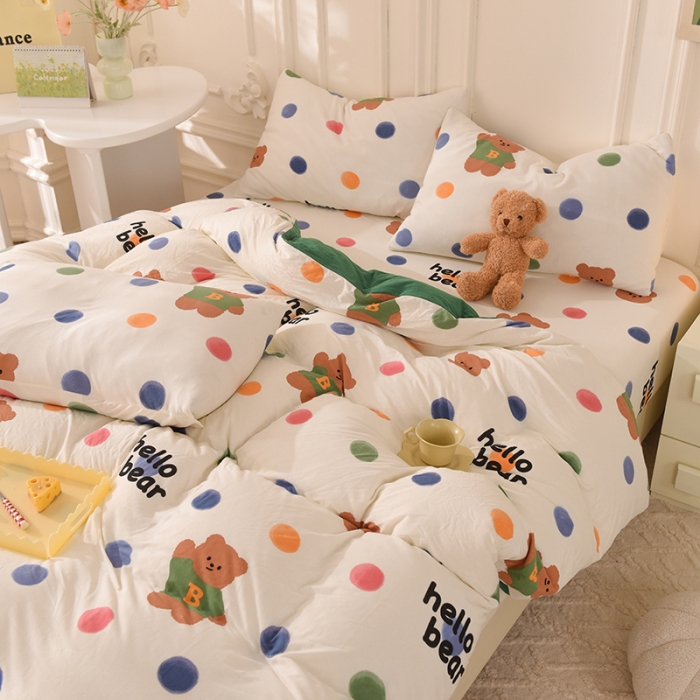 91家纺网 家纺一手货源 找家纺 甜之梦 2025新款针织棉印花四件套 波点熊