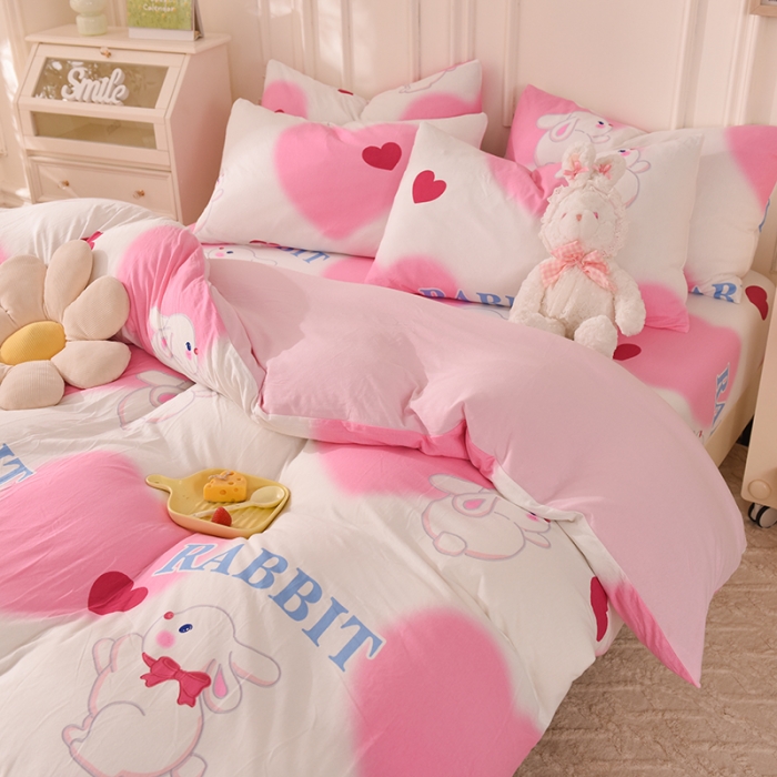 91家纺网 家纺一手货源 找家纺 甜之梦 2025新款针织棉印花四件套 粉红爱心兔