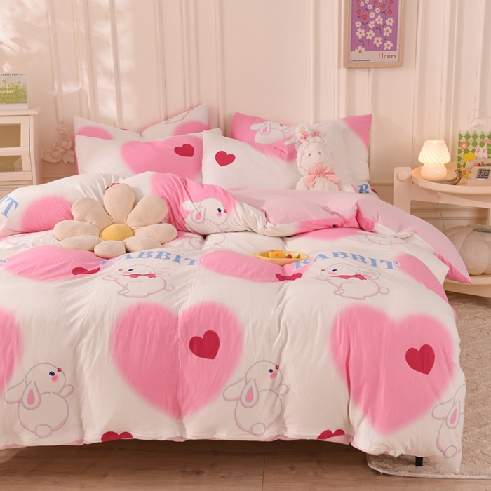 91家纺网 家纺一手货源 找家纺 甜之梦 2025新款针织棉印花四件套 粉红爱心兔