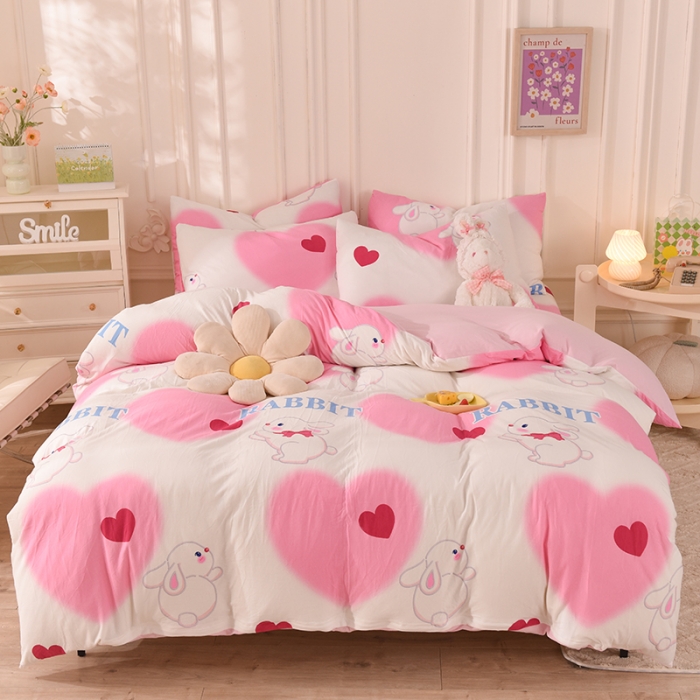 91家纺网 家纺一手货源 找家纺 甜之梦 2025新款针织棉印花四件套 粉红爱心兔