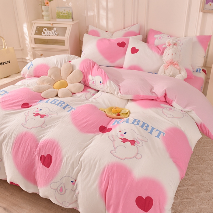 91家纺网 家纺一手货源 找家纺 甜之梦 2025新款针织棉印花四件套 粉红爱心兔