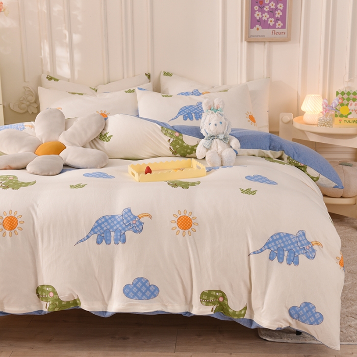 91家纺网 家纺一手货源 找家纺 甜之梦 2025新款针织棉印花四件套 恐龙乐园