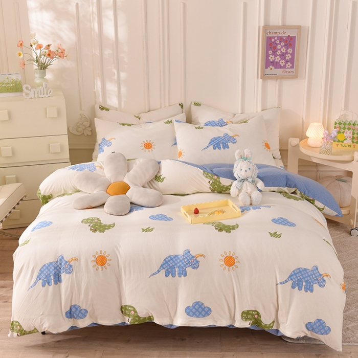 91家纺网 家纺一手货源 找家纺 甜之梦 2025新款针织棉印花四件套 恐龙乐园