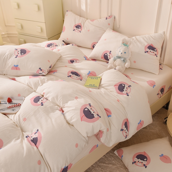 91家纺网 家纺一手货源 找家纺 甜之梦 2025新款针织棉印花四件套 蜜桃牛奶