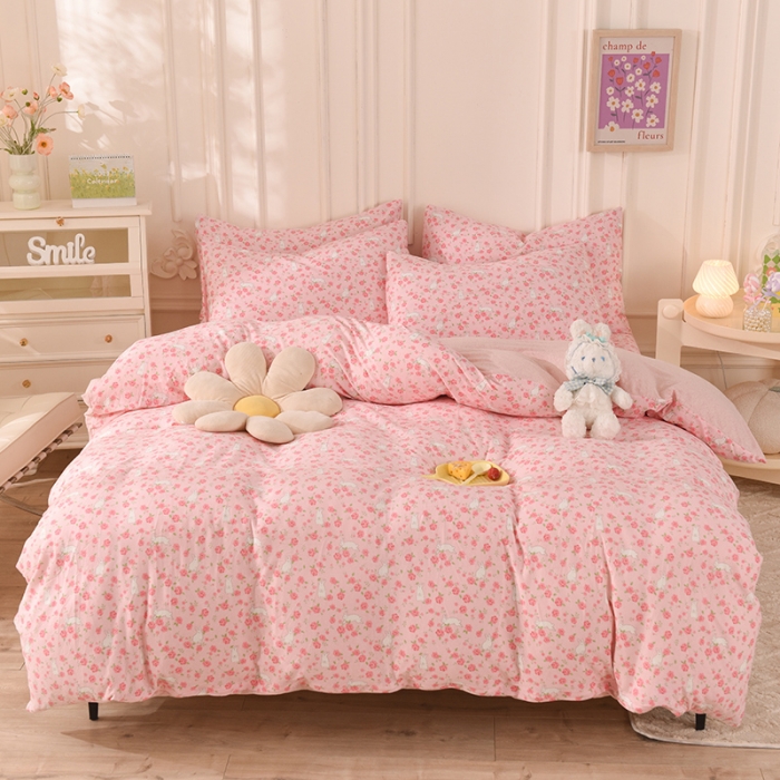 91家纺网 家纺一手货源 找家纺 甜之梦 2025新款针织棉印花四件套 小碎花粉