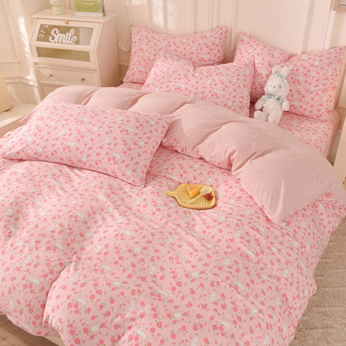 91家纺网 家纺一手货源 找家纺 甜之梦 2025新款针织棉印花四件套 小碎花粉