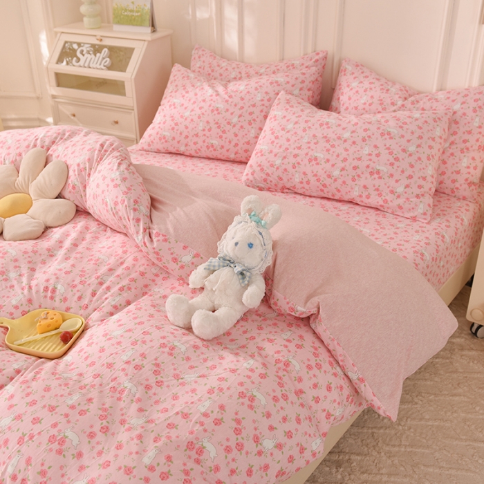 91家纺网 家纺一手货源 找家纺 甜之梦 2025新款针织棉印花四件套 小碎花粉