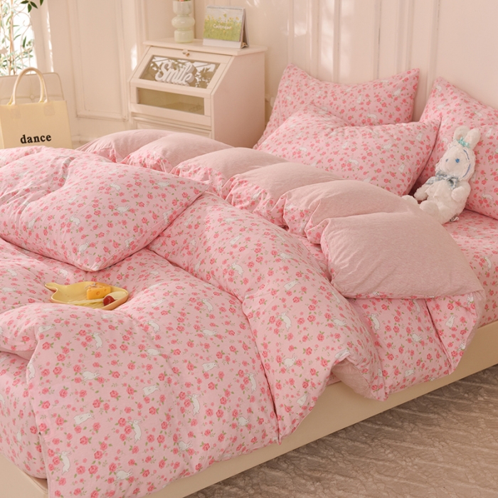 91家纺网 家纺一手货源 找家纺 甜之梦 2025新款针织棉印花四件套 小碎花粉