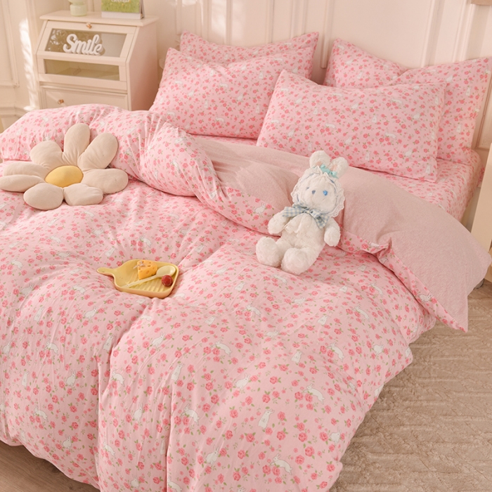 91家纺网 家纺一手货源 找家纺 甜之梦 2025新款针织棉印花四件套 小碎花粉