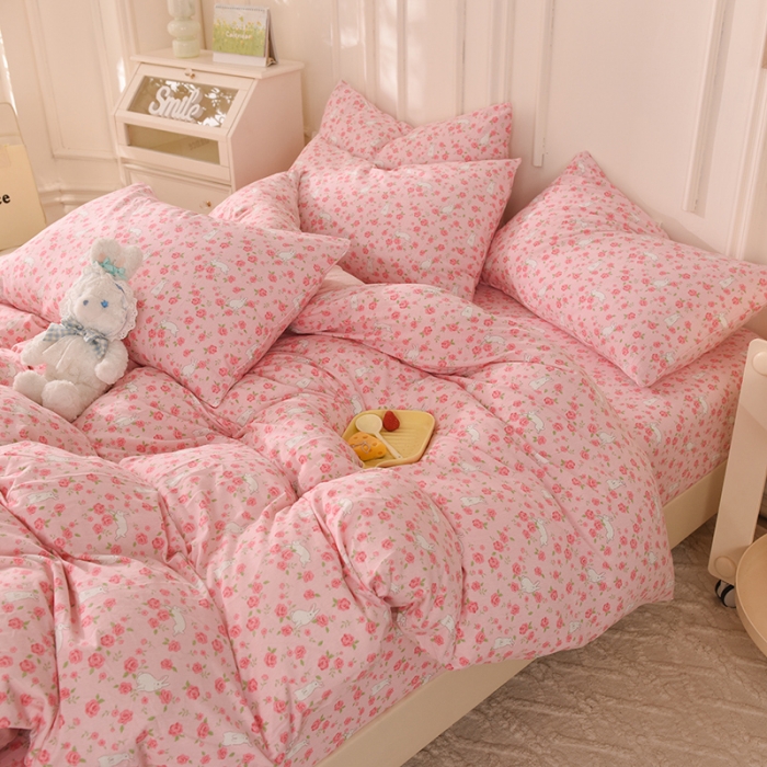 91家纺网 家纺一手货源 找家纺 甜之梦 2025新款针织棉印花四件套 小碎花粉