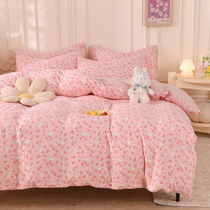 91家纺网 家纺一手货源 找家纺 甜之梦 2025新款针织棉印花四件套 小碎花粉