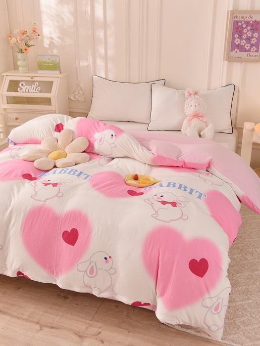 91家纺网 家纺一手货源 找家纺 甜之梦 2025新款针织棉印花单品被套 粉红爱心兔