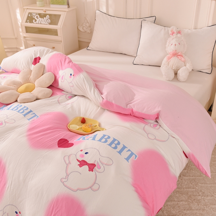 91家纺网 家纺一手货源 找家纺 甜之梦 2025新款针织棉印花单品被套 粉红爱心兔