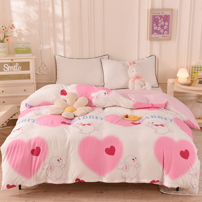 91家纺网 家纺一手货源 找家纺 甜之梦 2025新款针织棉印花单品被套 粉红爱心兔