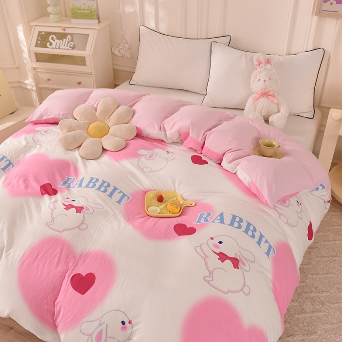 91家纺网 家纺一手货源 找家纺 甜之梦 2025新款针织棉印花单品被套 粉红爱心兔