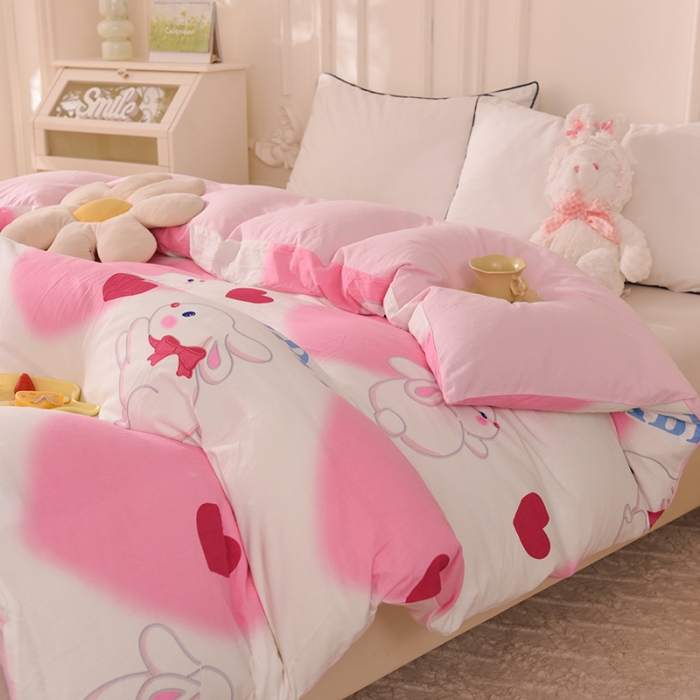 91家纺网 家纺一手货源 找家纺 甜之梦 2025新款针织棉印花单品被套 粉红爱心兔