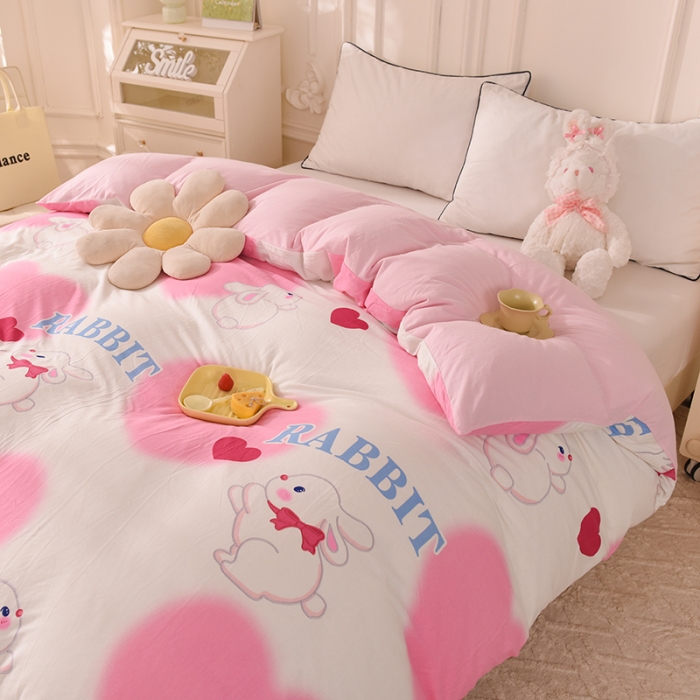 91家纺网 家纺一手货源 找家纺 甜之梦 2025新款针织棉印花单品被套 粉红爱心兔