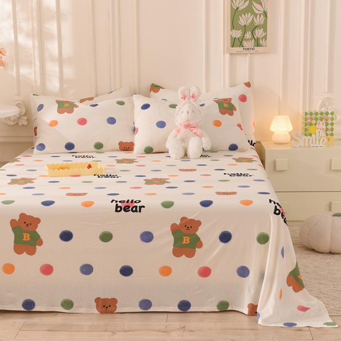 91家纺网 家纺一手货源 找家纺 甜之梦 2025新款针织棉印花单品床单 波点熊