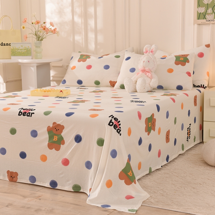 91家纺网 家纺一手货源 找家纺 甜之梦 2025新款针织棉印花单品床单 波点熊