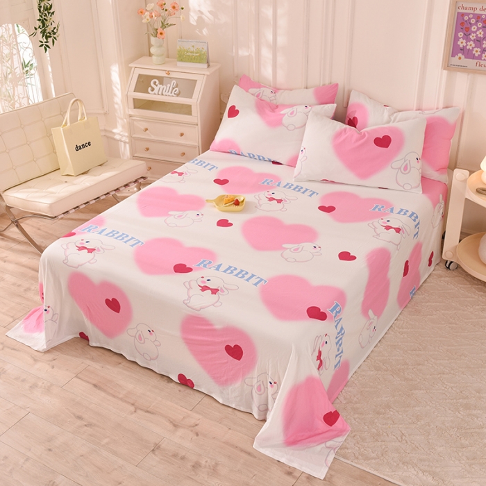 91家纺网 家纺一手货源 找家纺 甜之梦 2025新款针织棉印花单品床单 粉红爱心兔