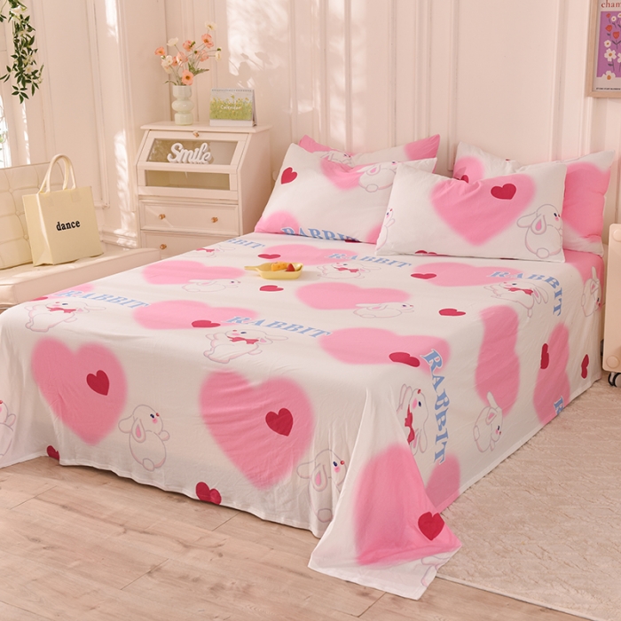 91家纺网 家纺一手货源 找家纺 甜之梦 2025新款针织棉印花单品床单 粉红爱心兔