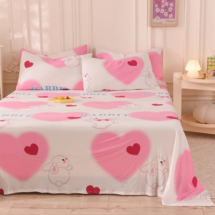 91家纺网 家纺一手货源 找家纺 甜之梦 2025新款针织棉印花单品床单 粉红爱心兔