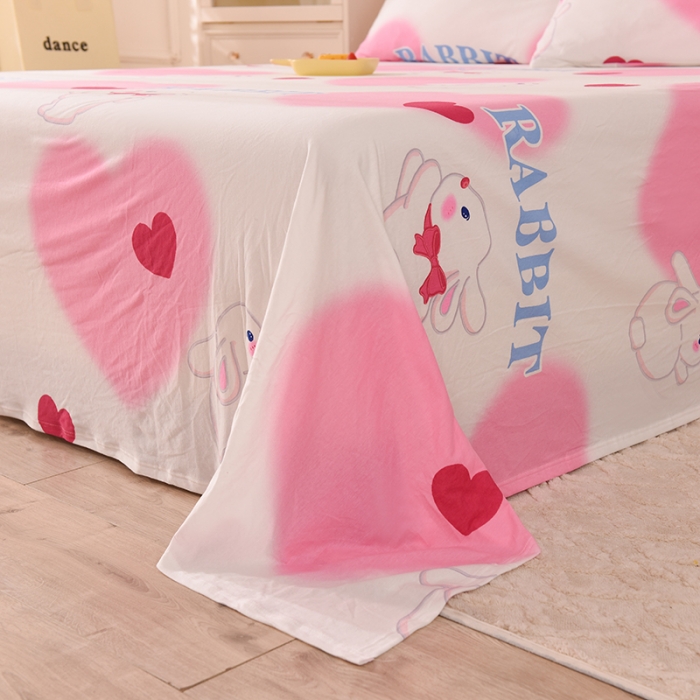 91家纺网 家纺一手货源 找家纺 甜之梦 2025新款针织棉印花单品床单 粉红爱心兔