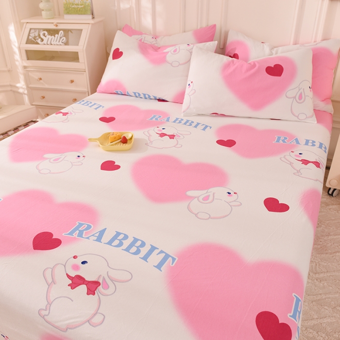 91家纺网 家纺一手货源 找家纺 甜之梦 2025新款针织棉印花单品床单 粉红爱心兔