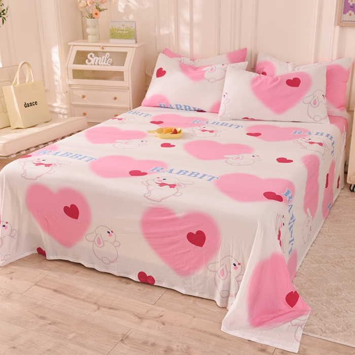 91家纺网 家纺一手货源 找家纺 甜之梦 2025新款针织棉印花单品床单 粉红爱心兔