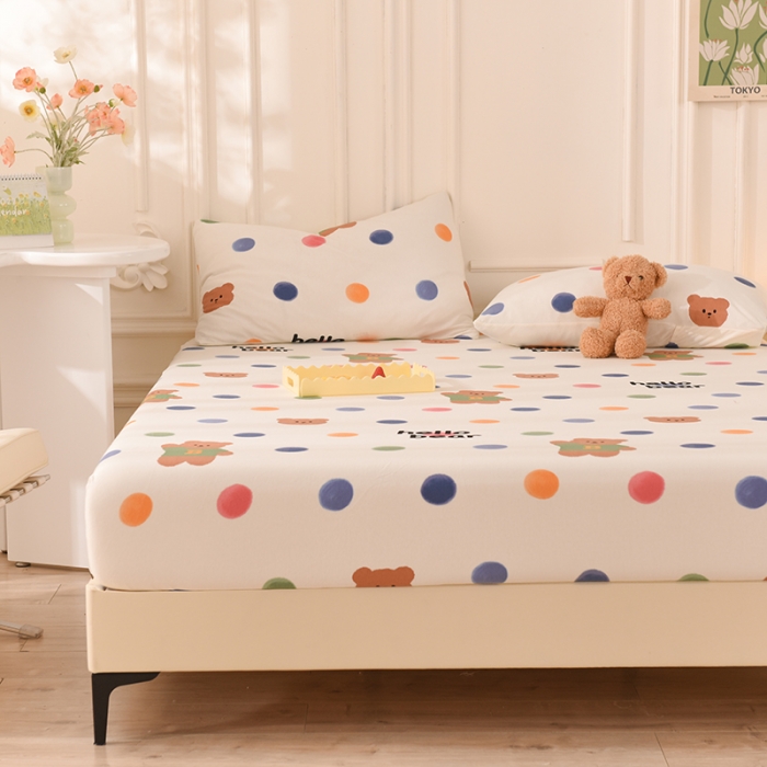 91家纺网 家纺一手货源 找家纺 甜之梦 2025新款针织棉印花单品床笠 波点熊