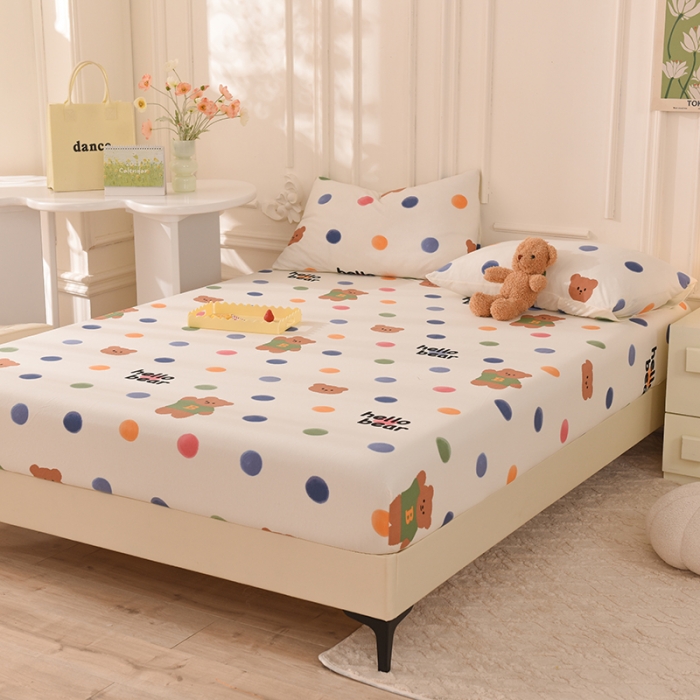 91家纺网 家纺一手货源 找家纺 甜之梦 2025新款针织棉印花单品床笠 波点熊